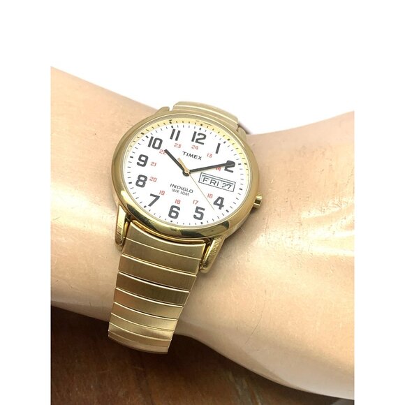 Timex Men's Watch T2N092 Indiglo White Dial Quartz Gold Tone Expansion Band 35mm - Picture 5 of 14